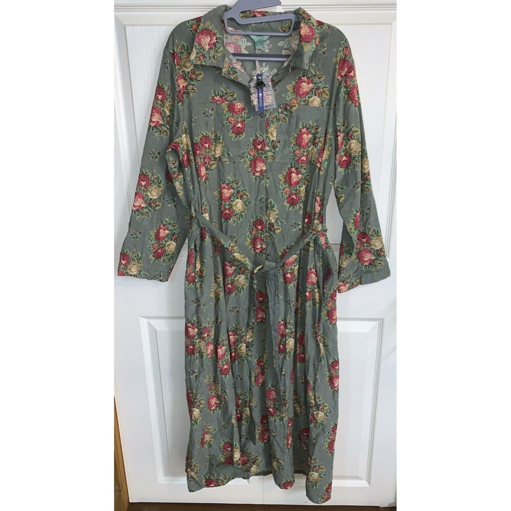 April Cornell Cotton Needlecord Corduroy Tie Waist Maxi Dress XL Floral Sage